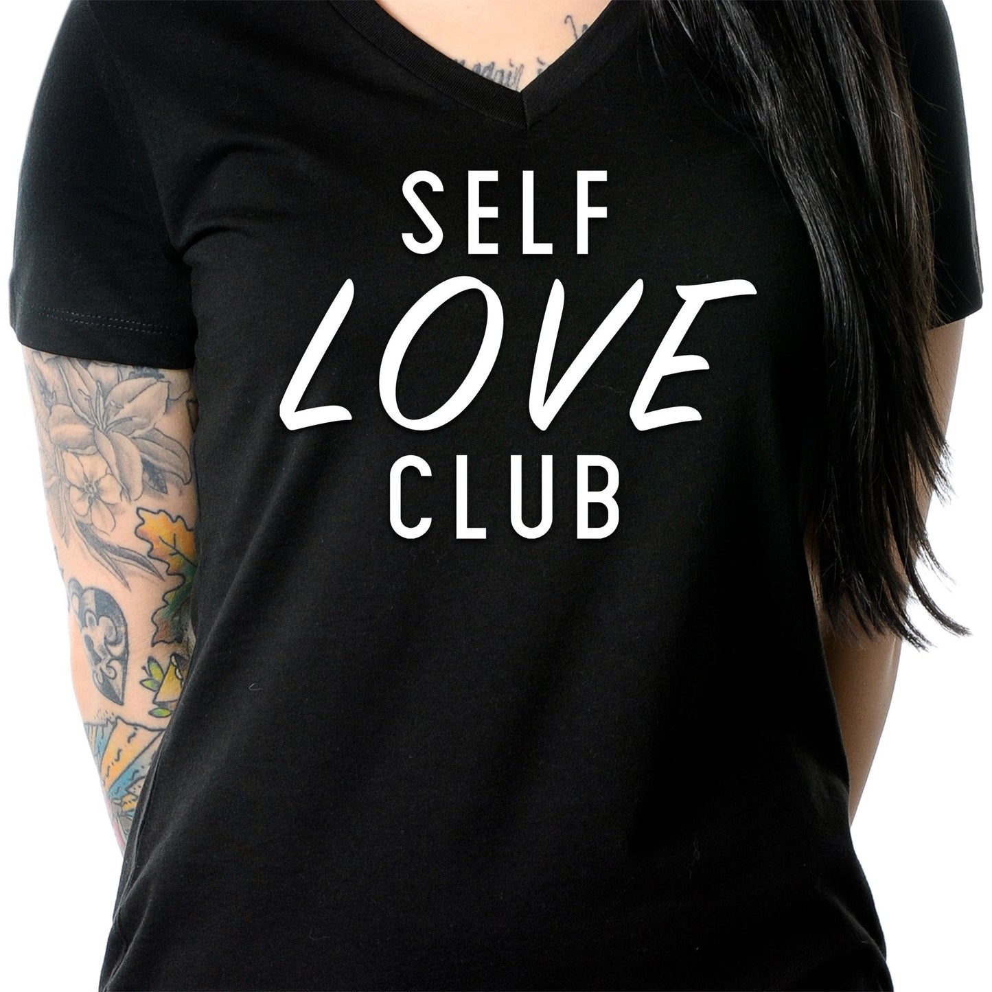 Self Love Club Black Tapered V-Neck Tee Shirt