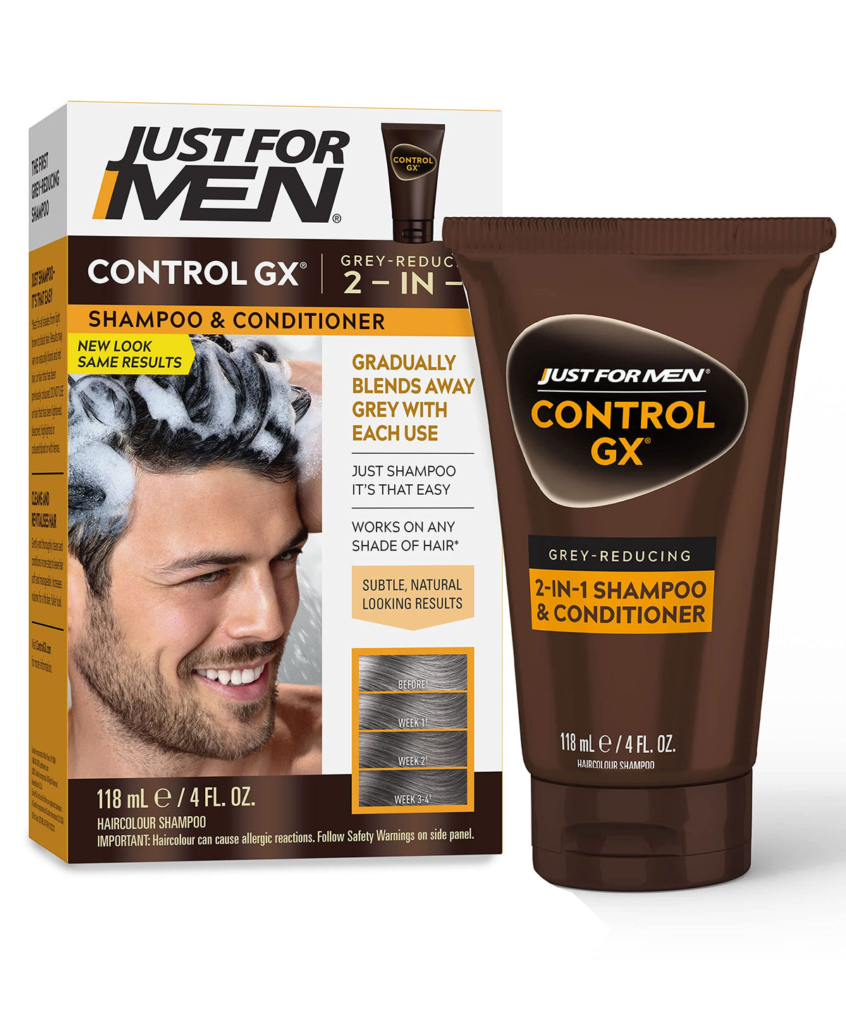 Just For Men Control GX Grey Reducing 2-in-1 Shampoo and Conditioner Gradual Hair Color for Stronger and Healthier Hair 4 Fl Oz - Pack of 1 (Packaging May Vary)