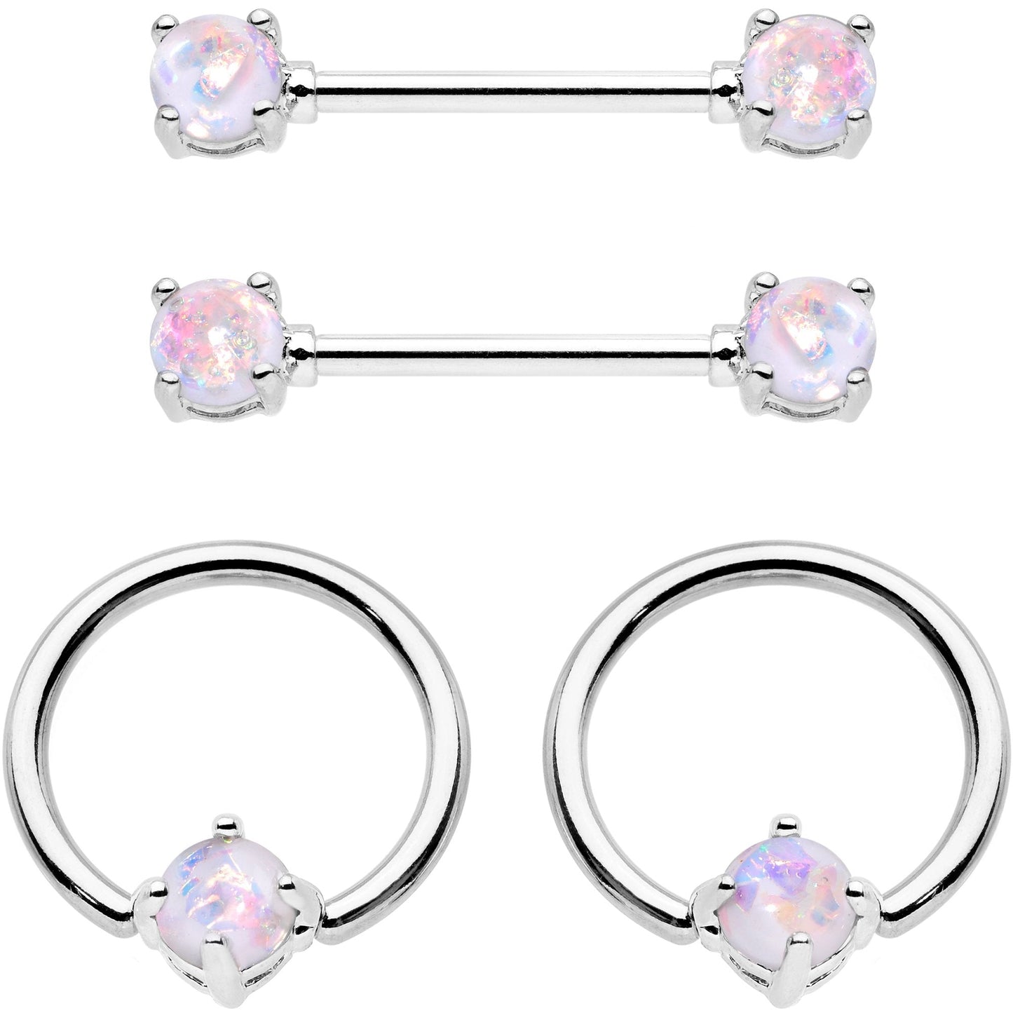 14G White Faux Opal BCR Captive Ring Barbell Nipple Ring Set