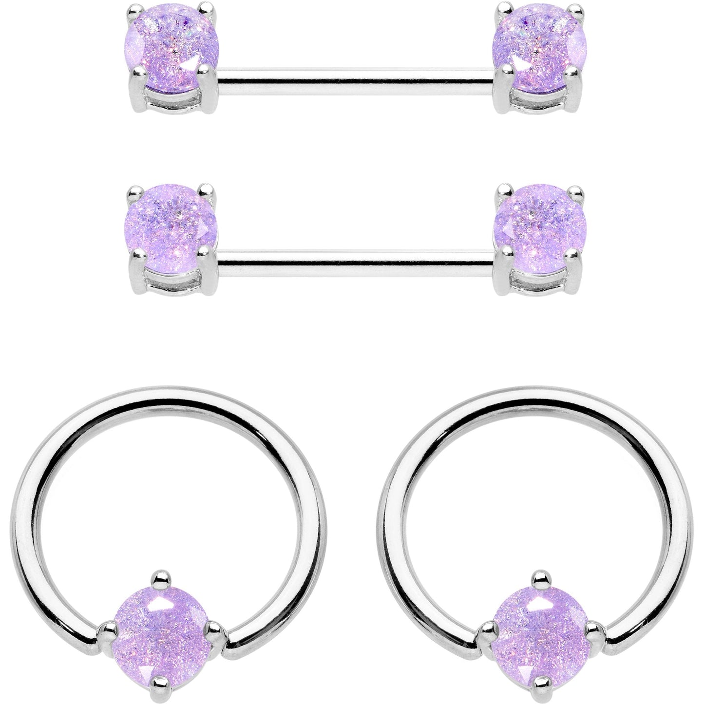 Purple CZ Gem Captive Ring Straight Barbell Nipple Ring Set