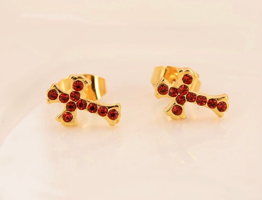 Gold Cross Earrings with Red Colored CZ for Women Weddings Bridesmaid