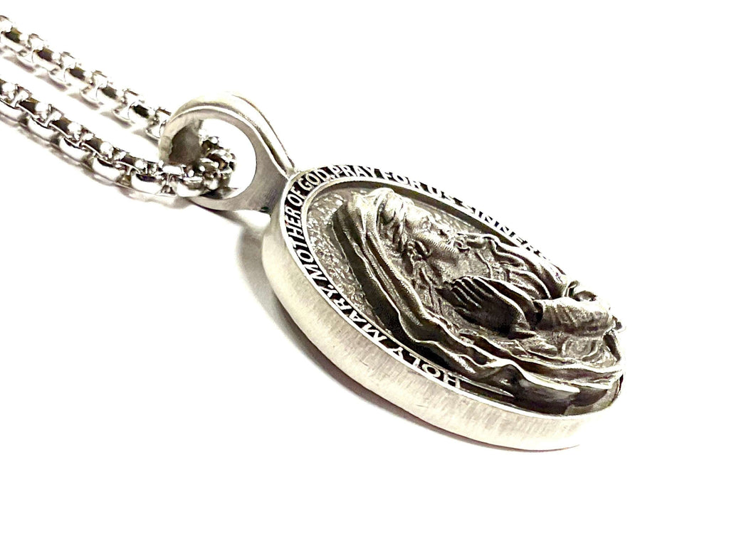 Gorgeous Mary Madonna Necklace Full Facial Profile Catholic Holy Mary Mother of God Pray for Us Sinners All Tin Antiqued Waterproof Orthodox