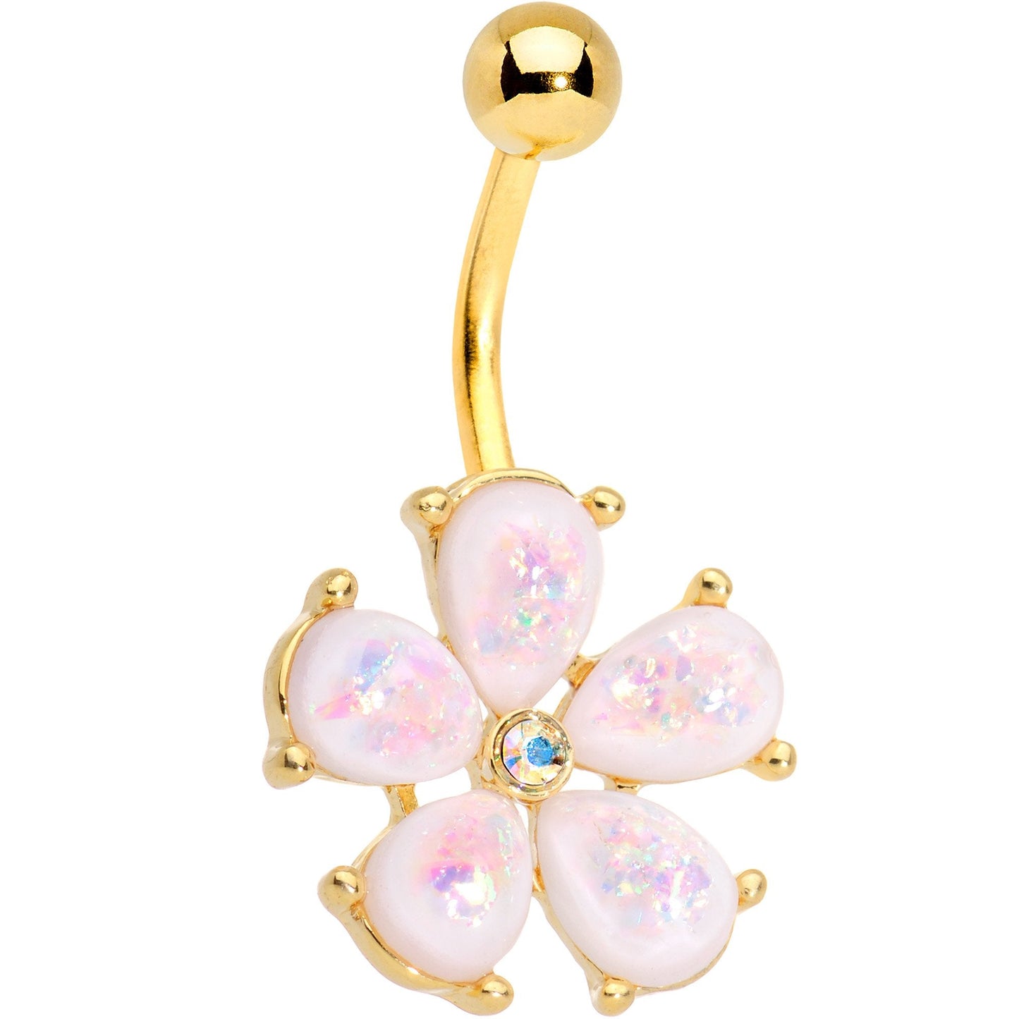White Faux Opal Gold IP Five Petal Flower Belly Ring
