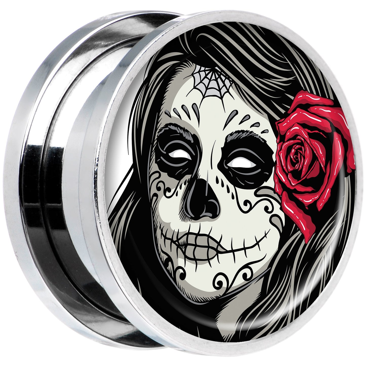 Katrina Sugar Skull with Rose Flower Steel Screw Fit Plug Set 18mm