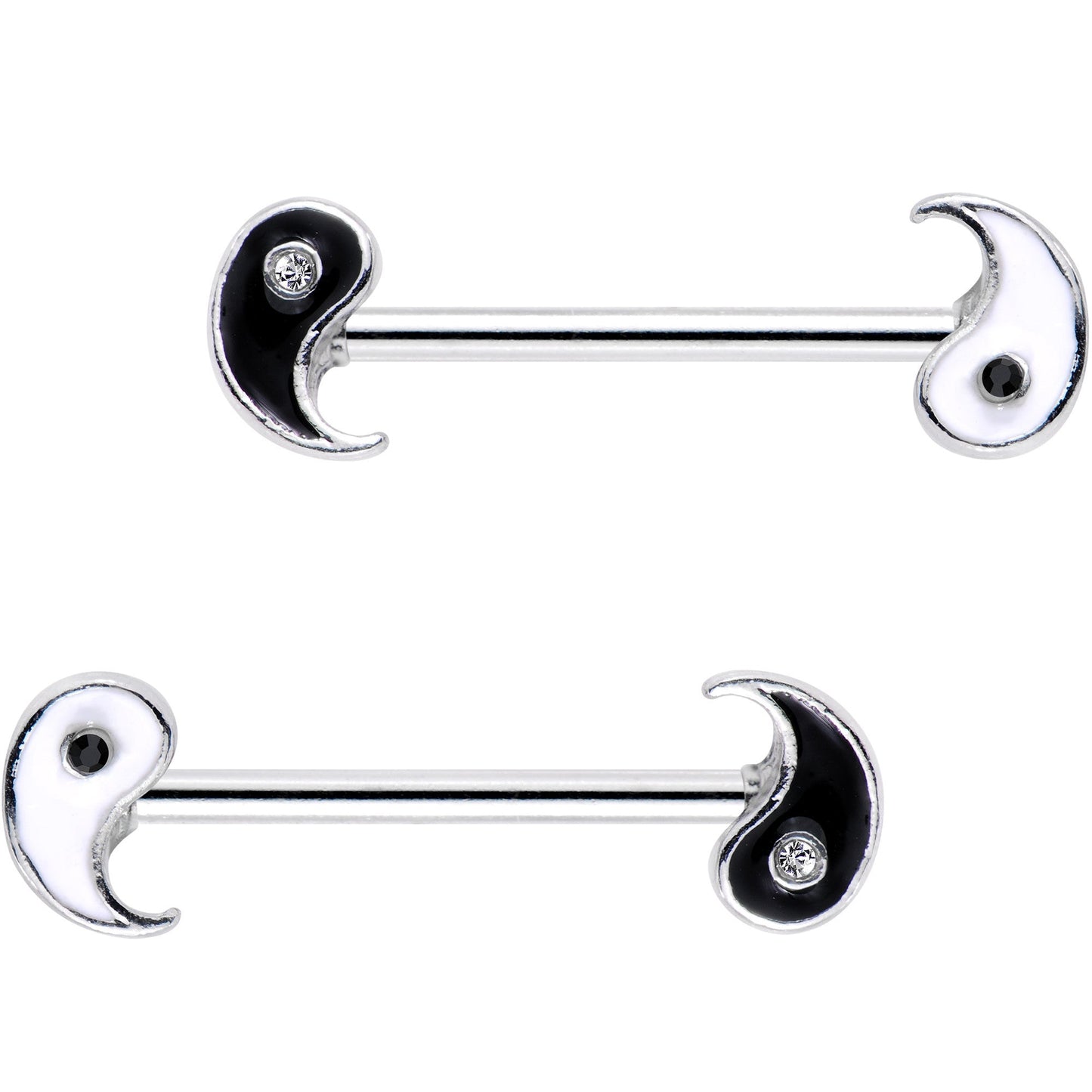 14G 18mm Clear Black Gem Yin Yang Barbell Nipple Ring Set