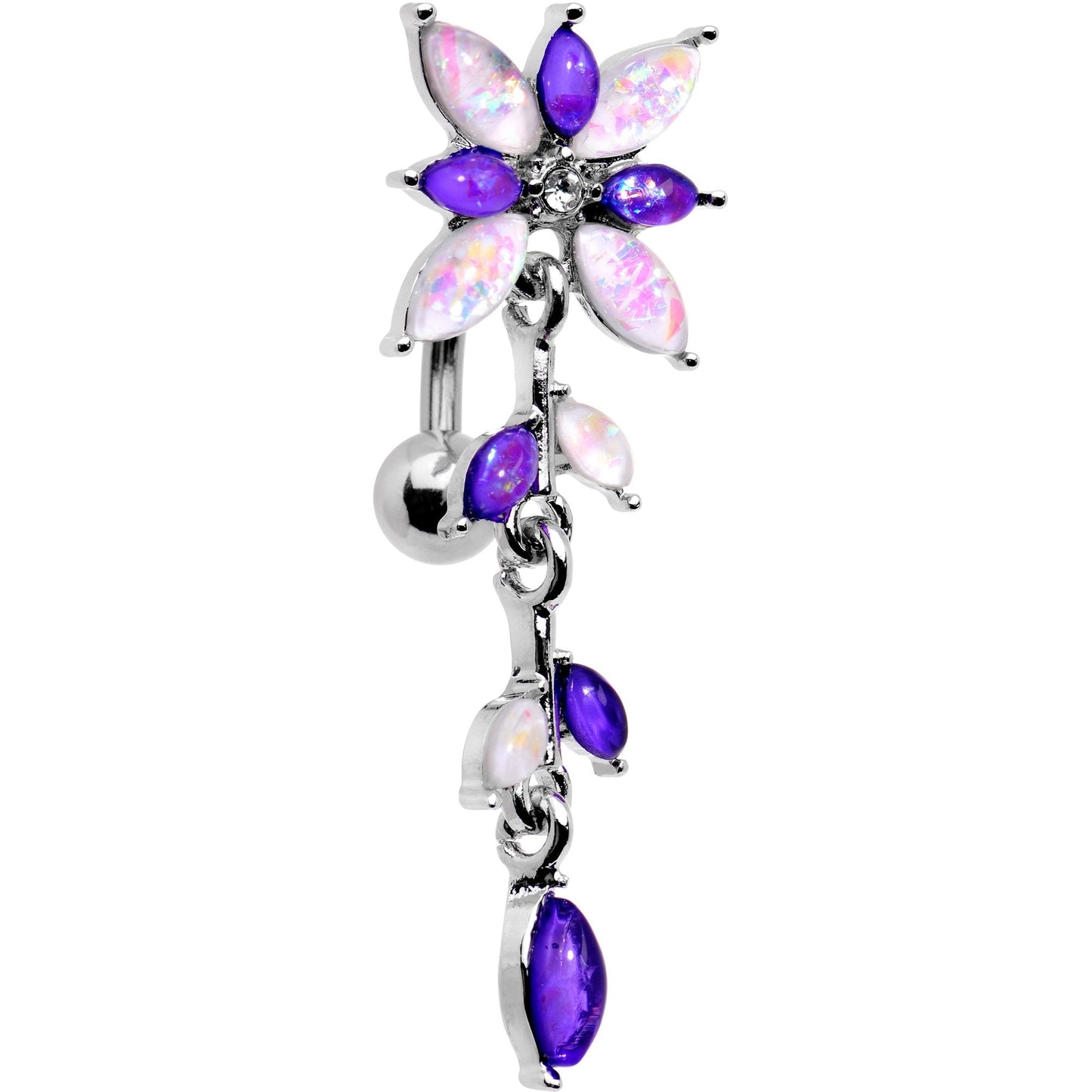 White Purple Gem Frosted Flower Trail Top Mount Dangle Belly Ring