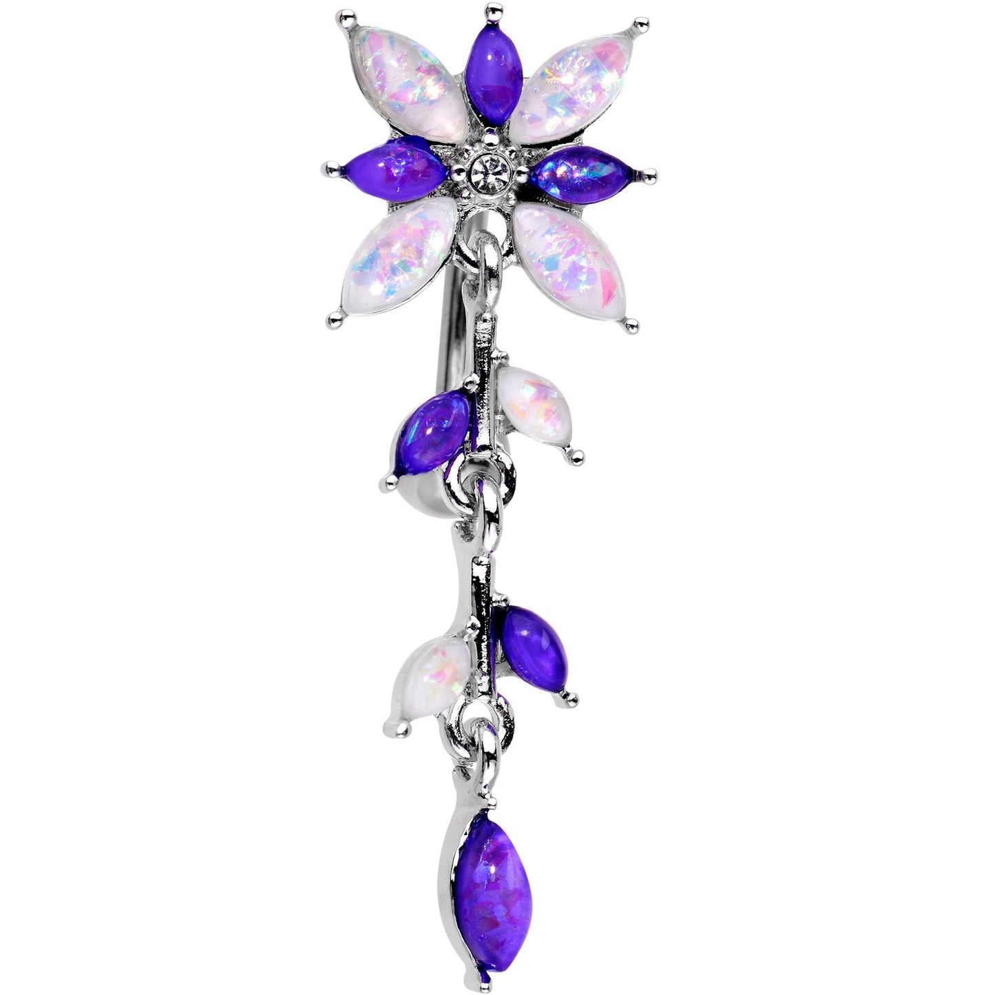 White Purple Gem Frosted Flower Trail Top Mount Dangle Belly Ring