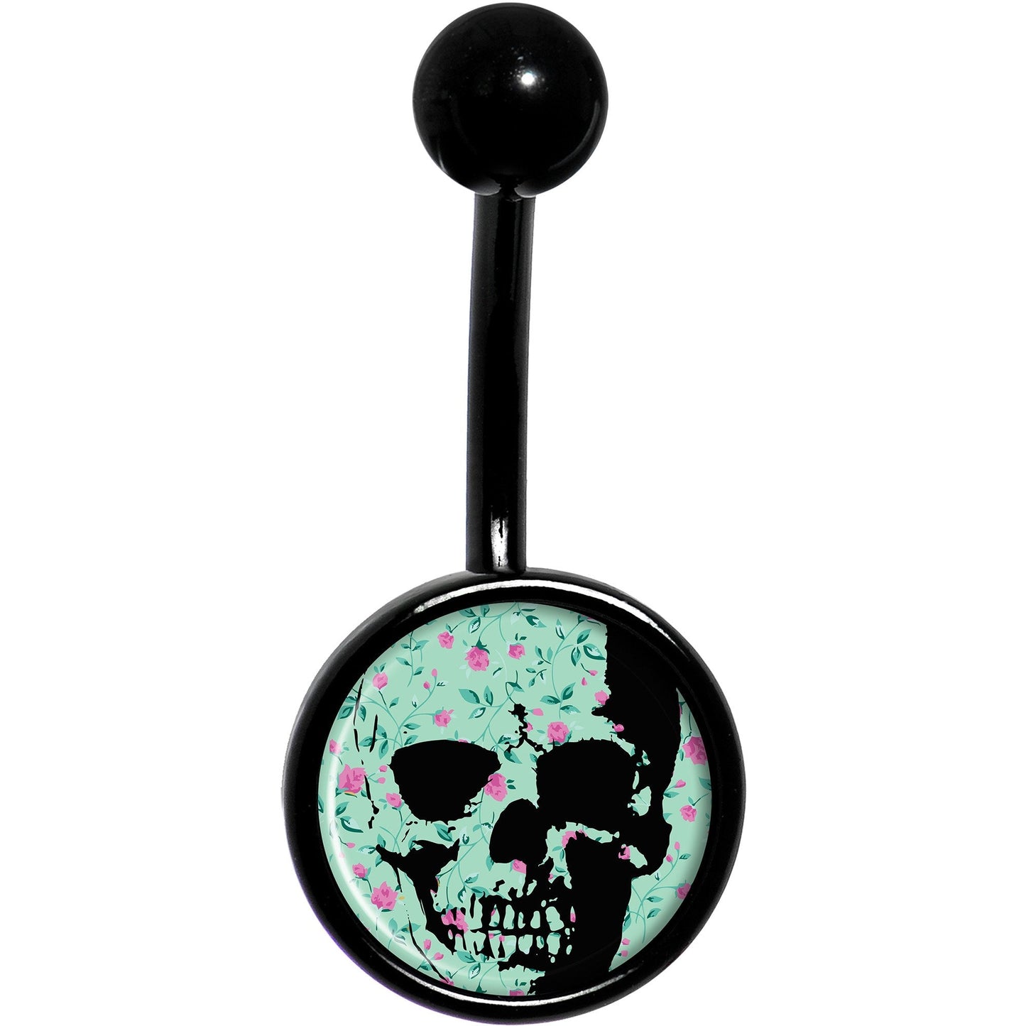 Green Pink Floral Skull Black Belly Ring