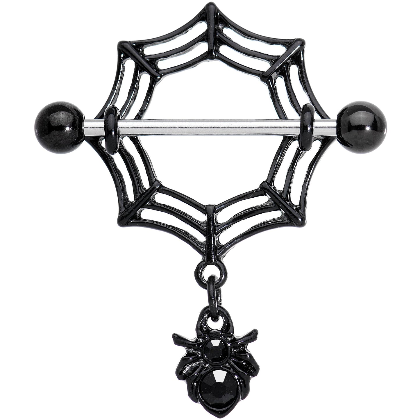 9/16 Black Gem Black Spiders Webs Halloween Dangle Nipple Shield Set